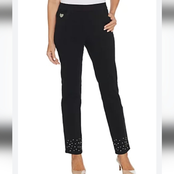 Quaker Factory Dream Jeannes Sz M Black Multicolor Rhinestone Detail Pants - Picture 1 of 13